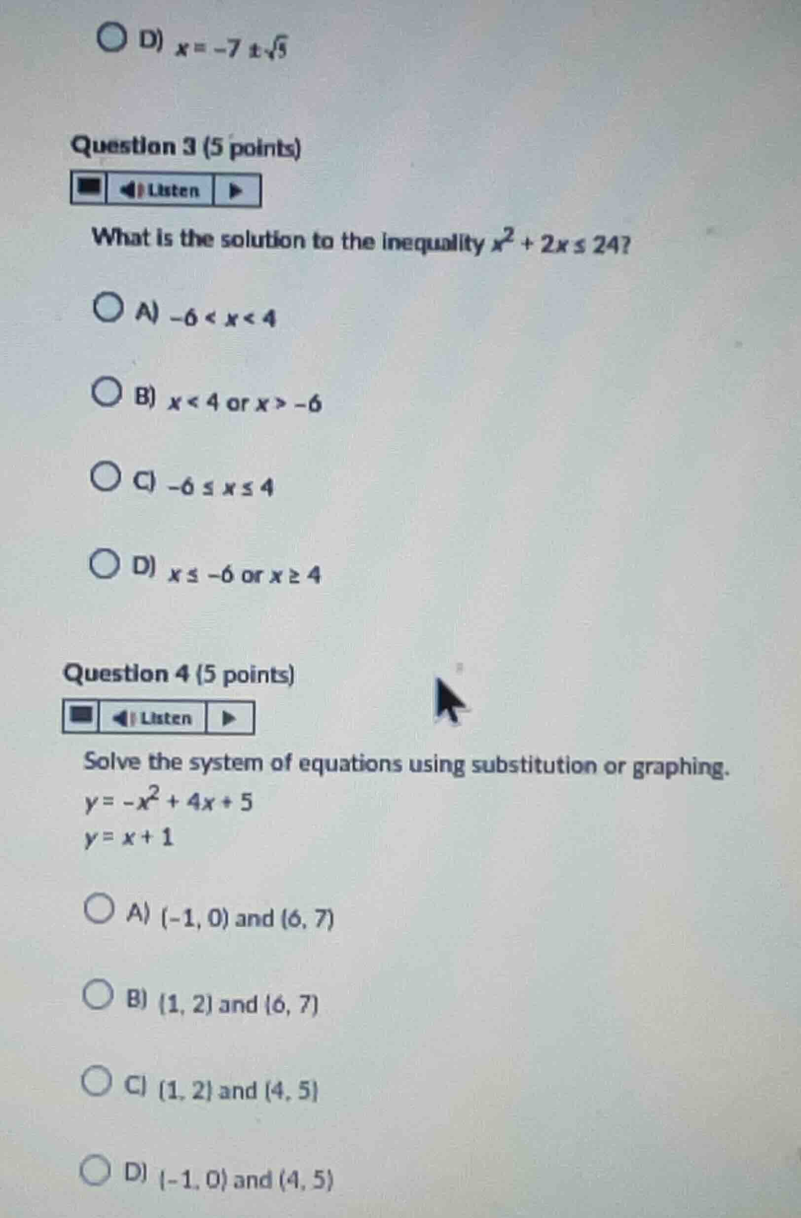 question 3 (5 points) what is the solution to the inequality \\(x^2 + 2…