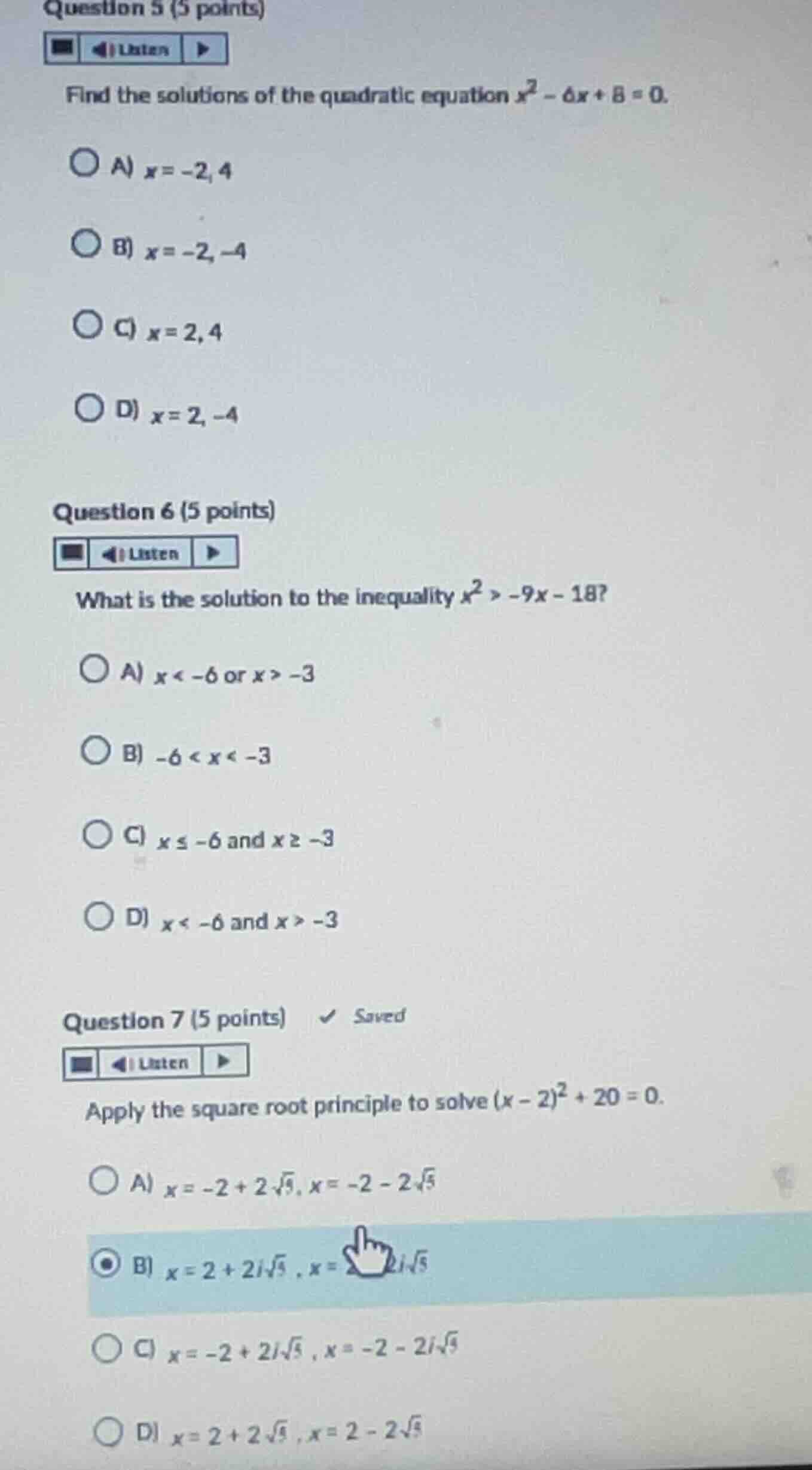 question 5 (5 points) find the solutions of the quadratic equation \\(x…