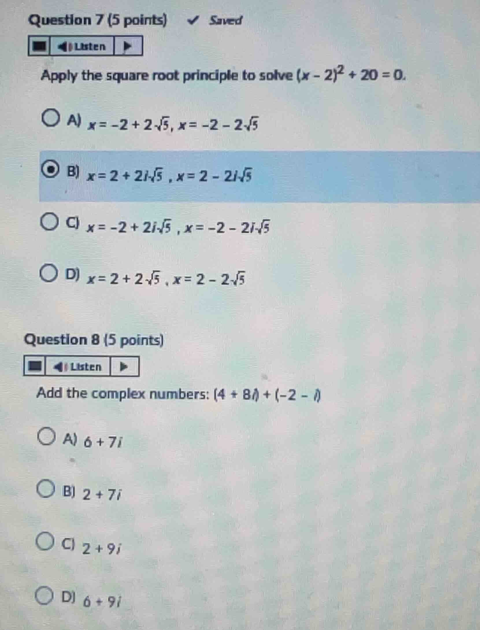question 7 (5 points) apply the square root principle to solve \\((x - …