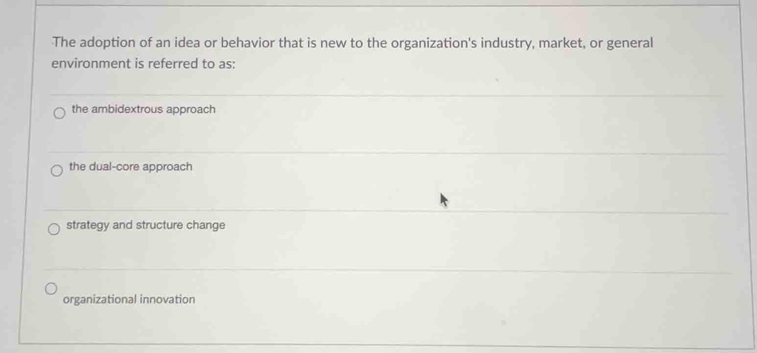 the adoption of an idea or behavior that is new to the organizations in…