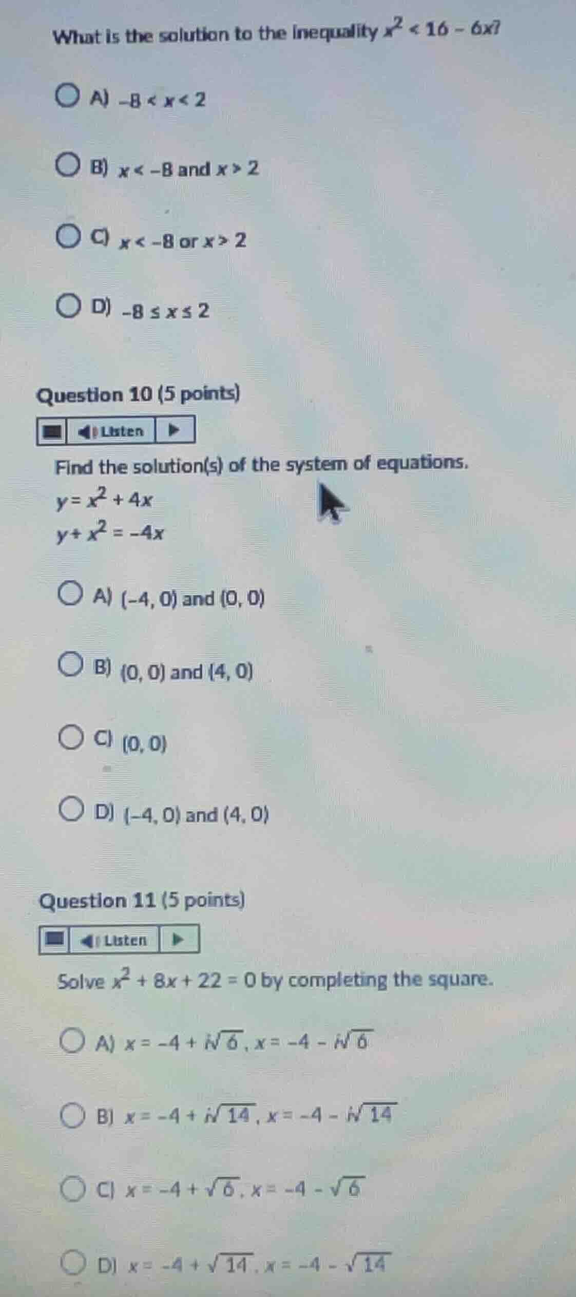 what is the solution to the inequality \\(x^2 < 16 - 6x\\)? a) \\(-8 < …