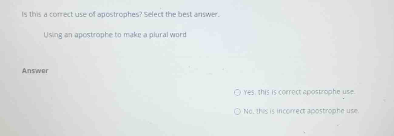 is this a correct use of apostrophes? select the best answer. using an …