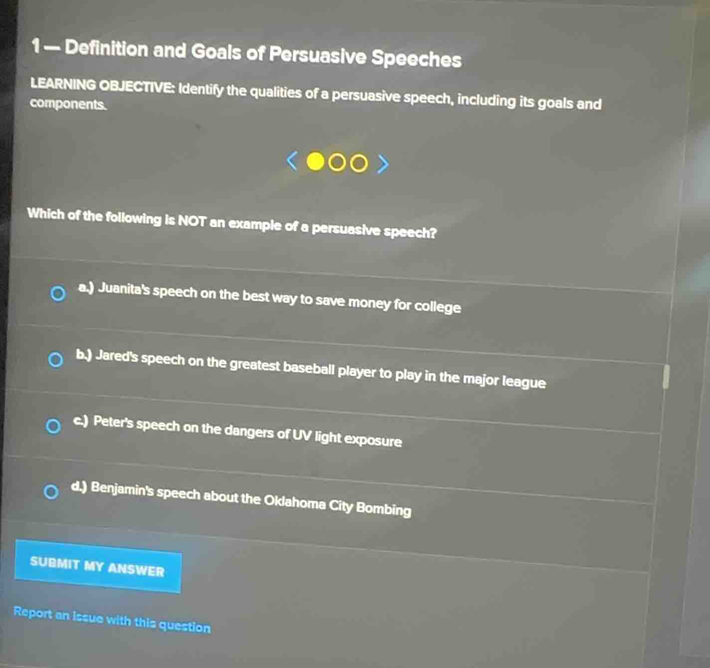1 - definition and goals of persuasive speeches learning objective: ide…