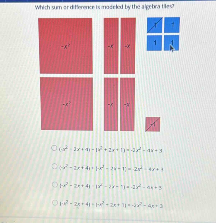 which sum or difference is modeled by the algebra tiles? \\((-x^2 - 2x …