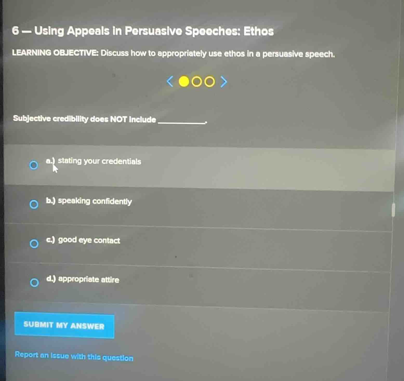 6 - using appeals in persuasive speeches: ethos learning objective: dis…