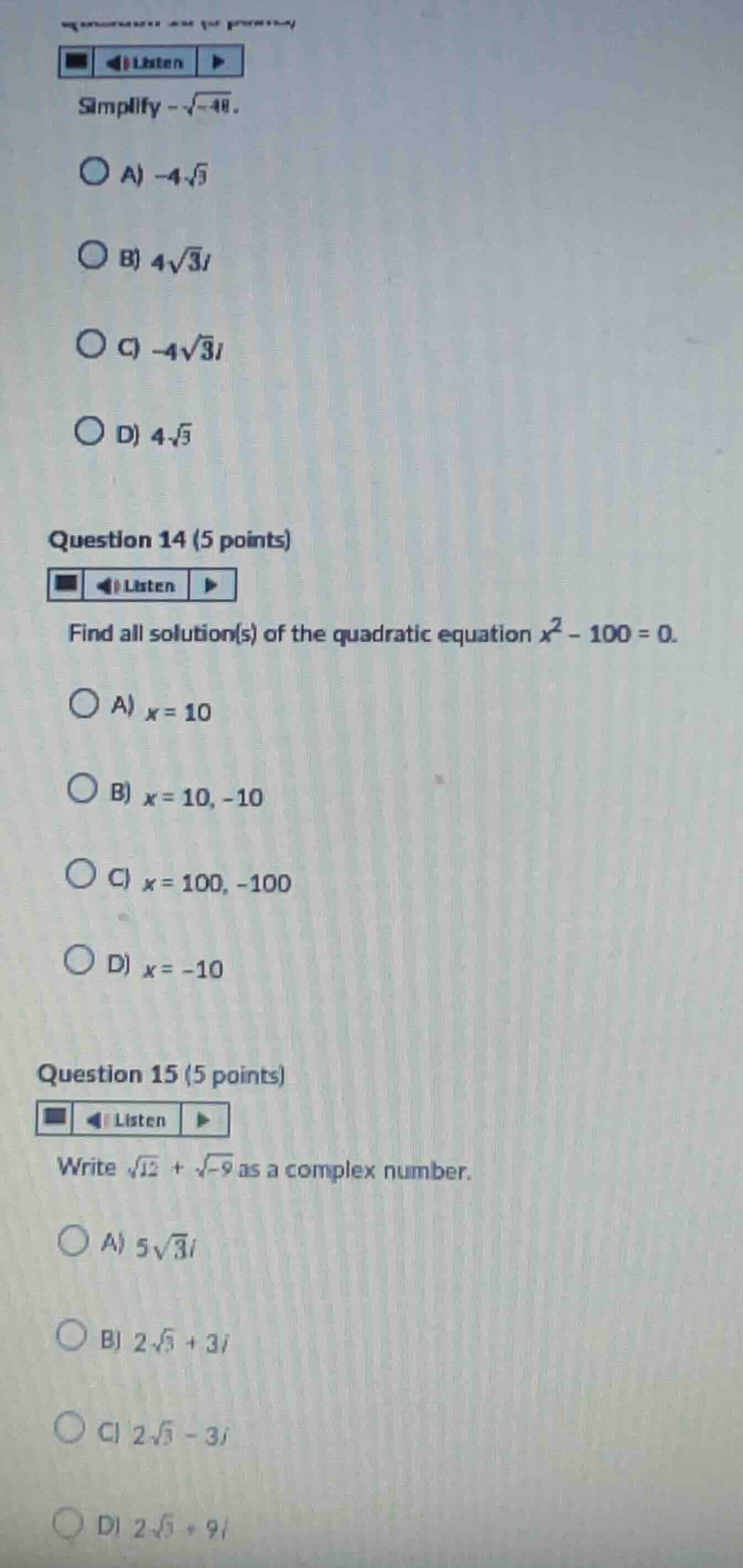 simplify \\(-\\sqrt{-48}\\). a) \\(-4\\sqrt{3}i\\) b) \\(4\\sqrt{3}i\\)…