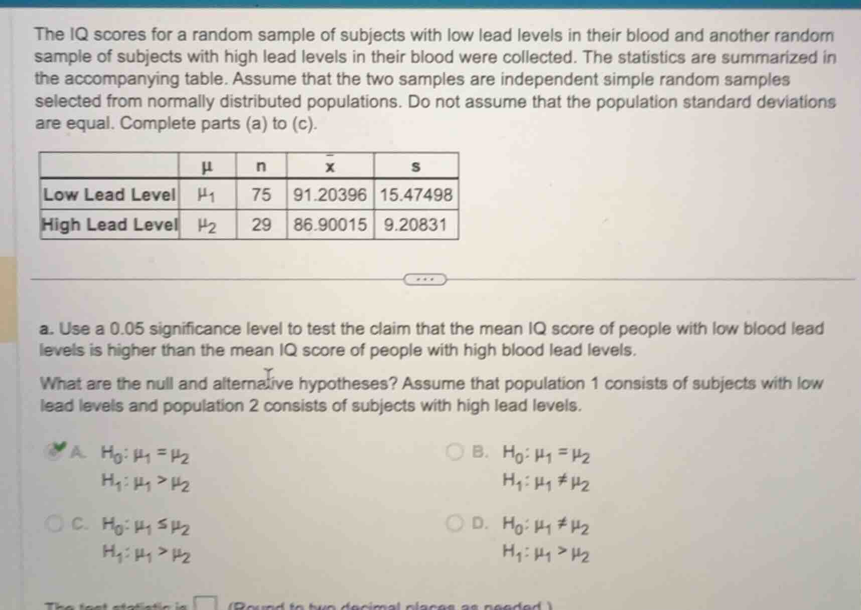 the iq scores for a random sample of subjects with low lead levels in t…