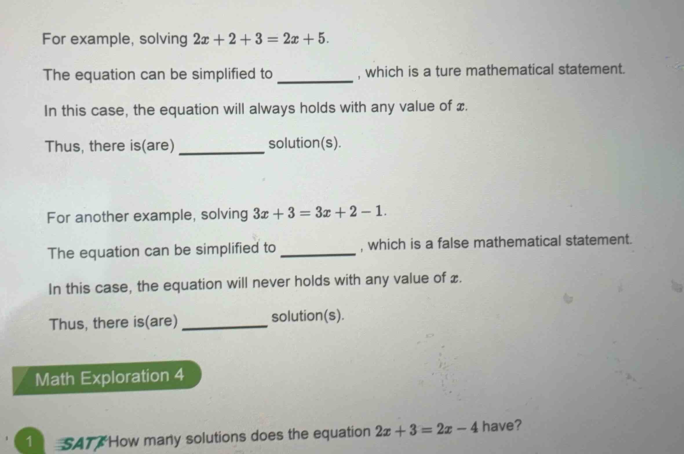 for example, solving \\(2x + 2 + 3 = 2x + 5\\). the equation can be sim…
