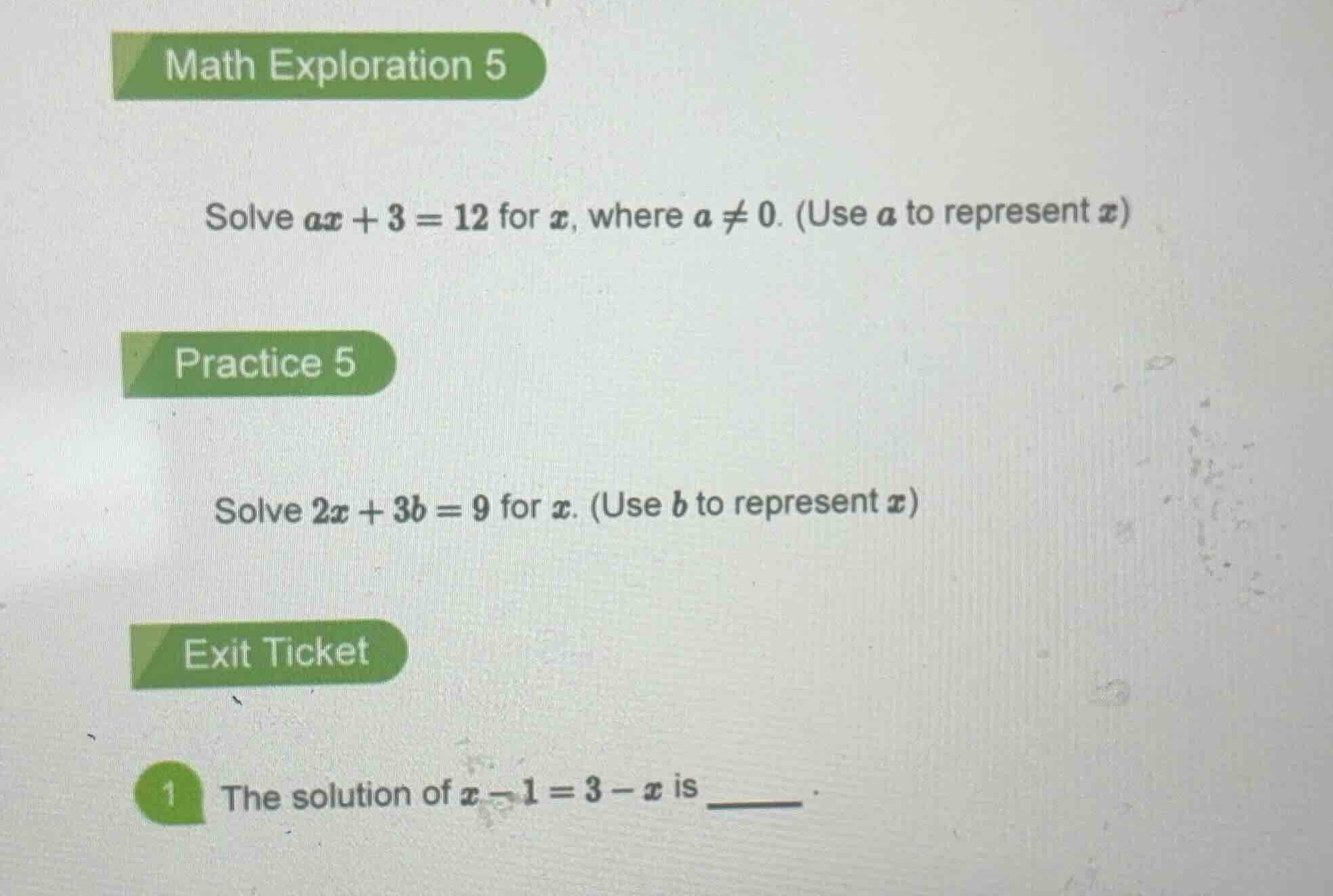math exploration 5 solve \\(ax + 3 = 12\\) for \\(x\\), where \\(a \ eq…
