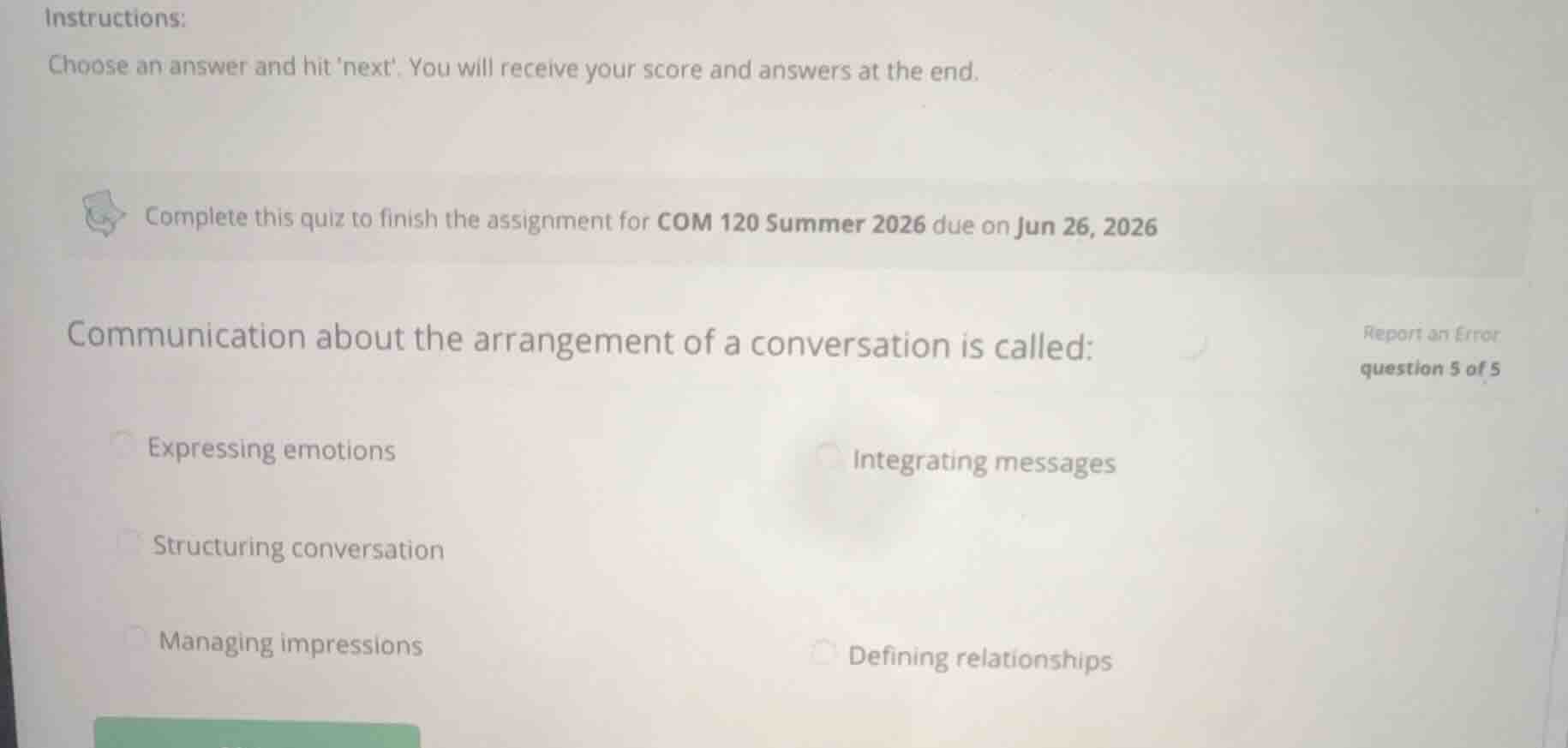 communication about the arrangement of a conversation is called: expres…