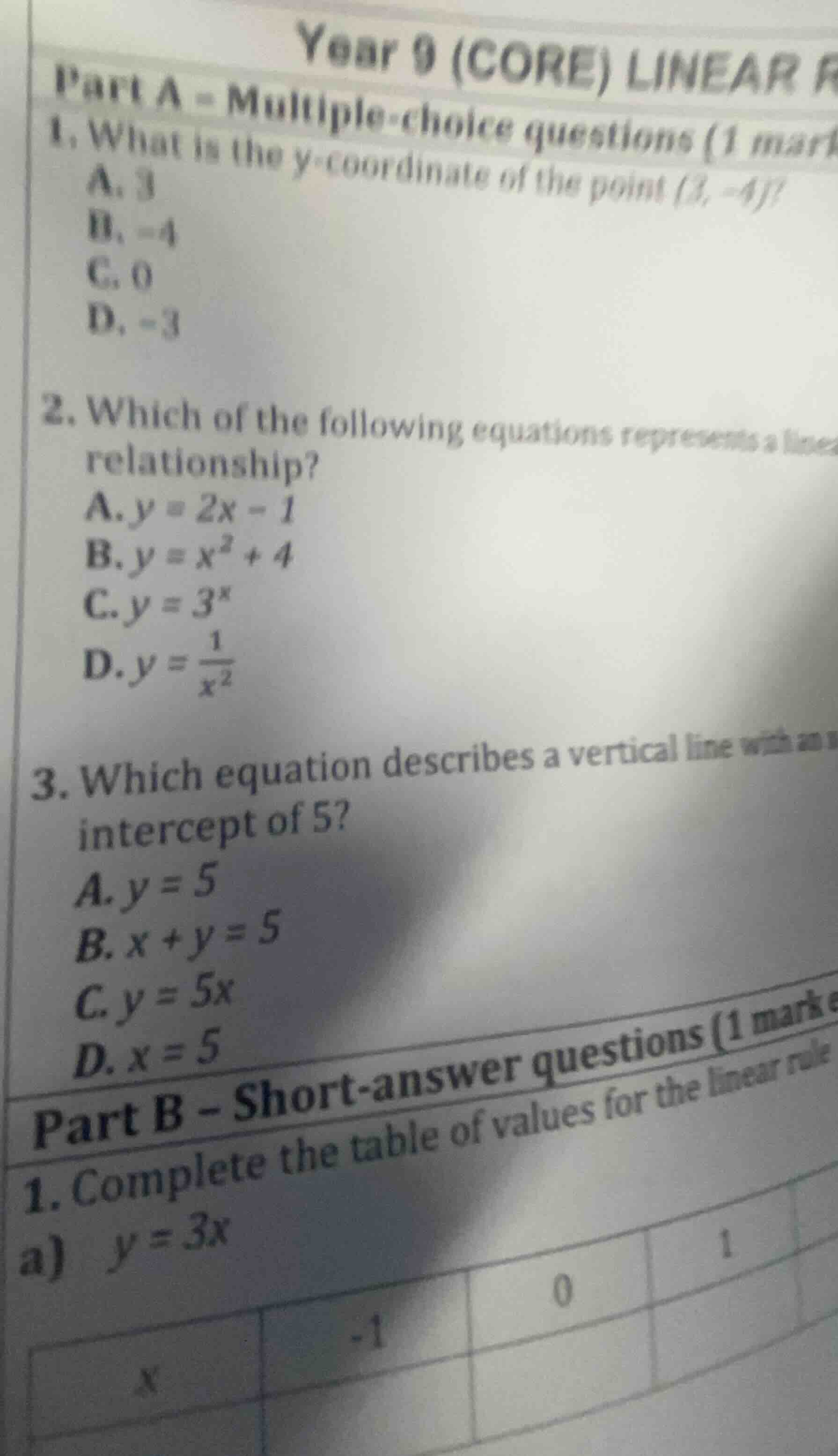 year 9 (core) linear relationships part a - multiple-choice questions (…