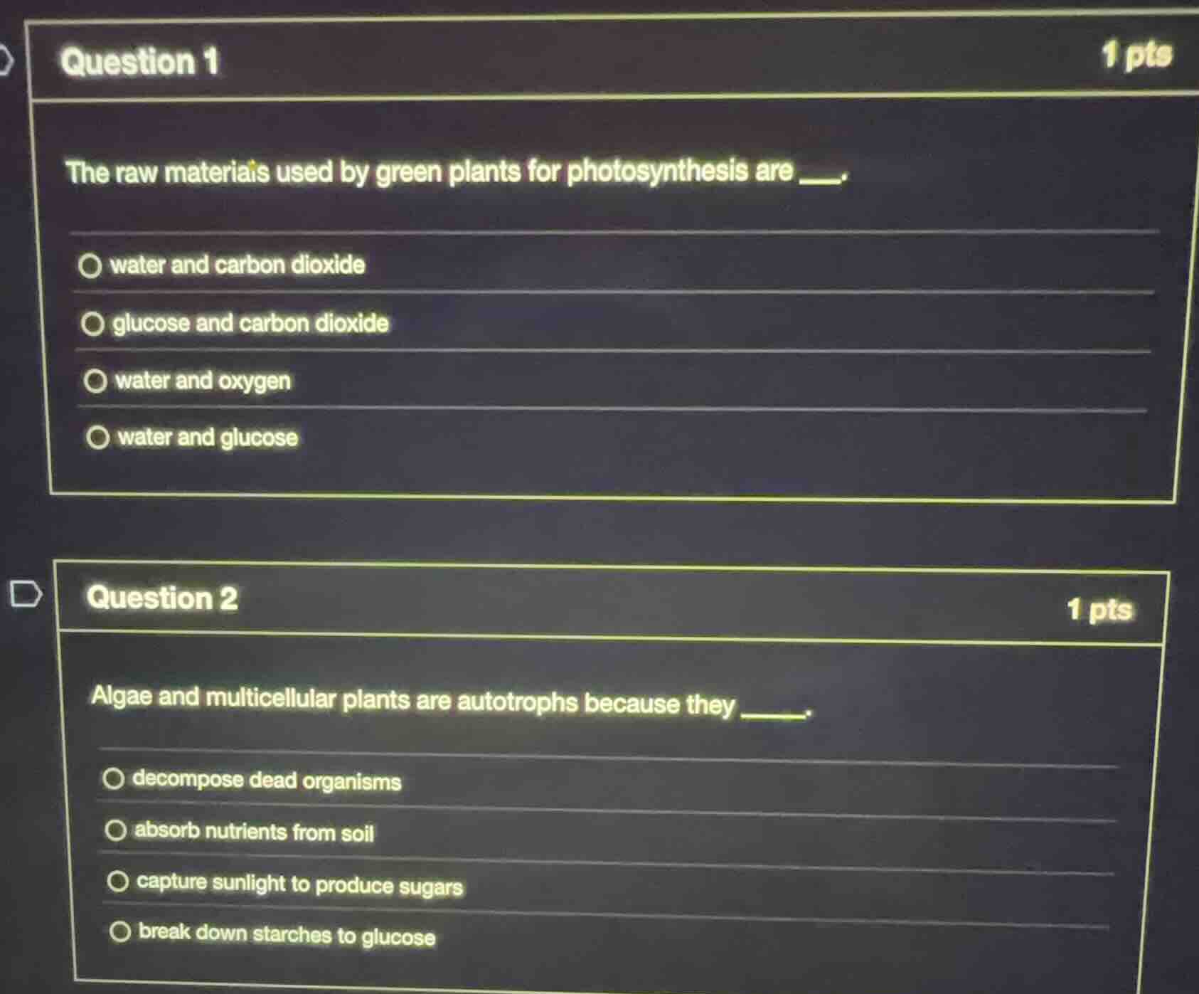 question 1 the raw materials used by green plants for photosynthesis ar…