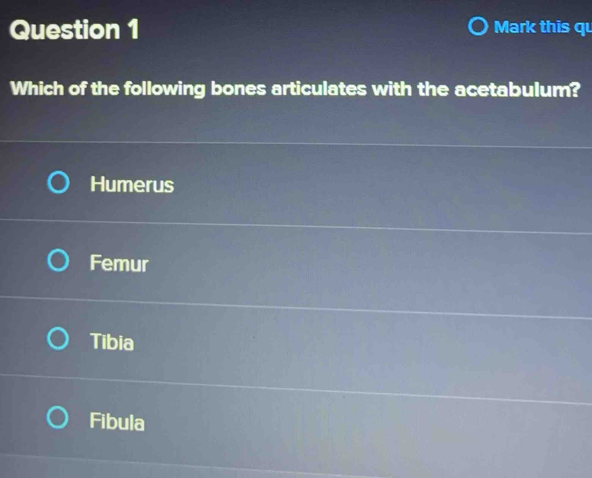 question 1 which of the following bones articulates with the acetabulum…