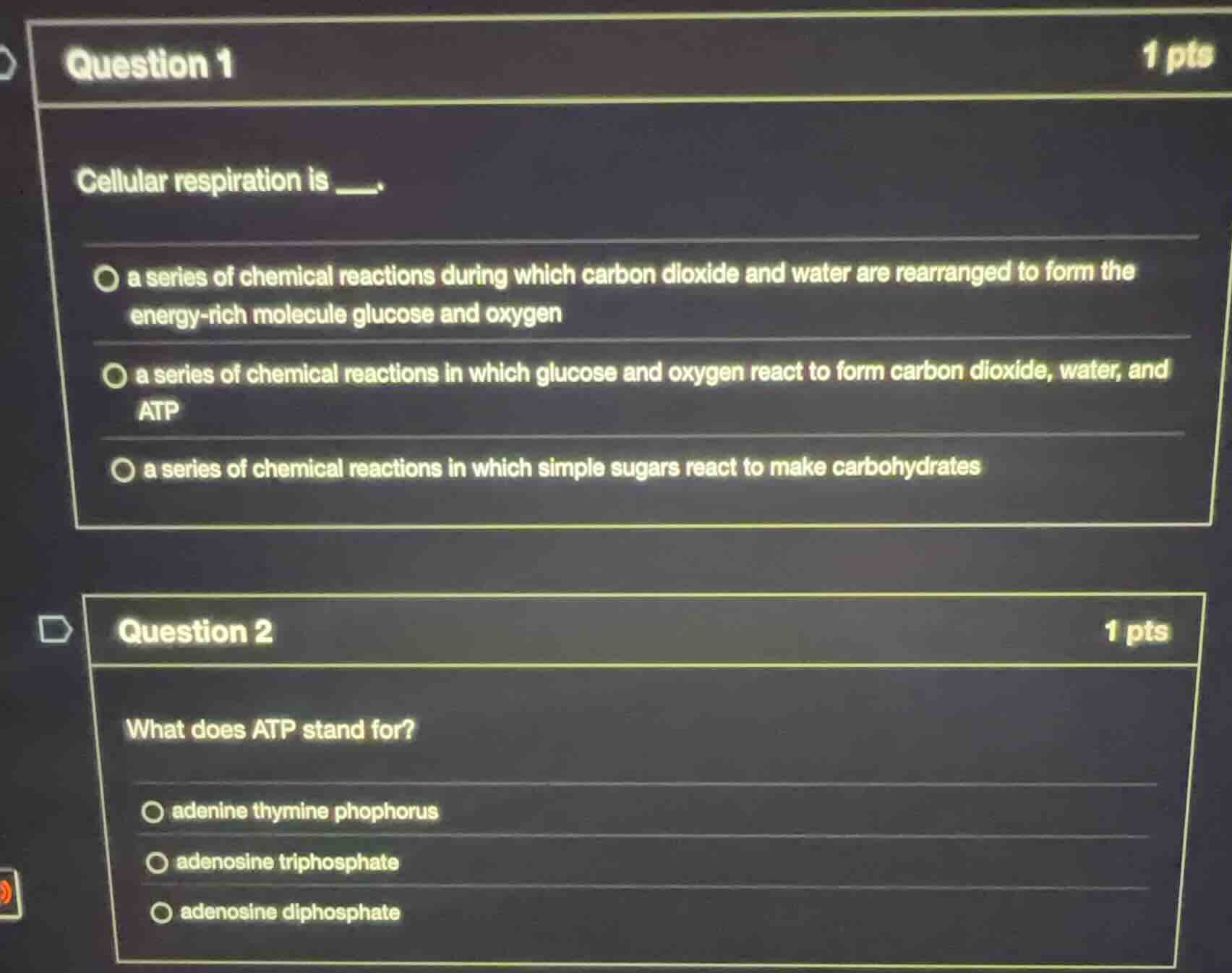 question 1 cellular respiration is ___. a series of chemical reactions …