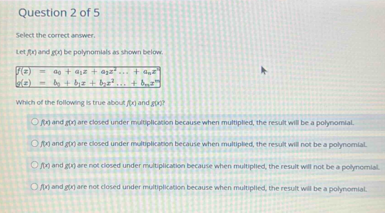 question 2 of 5 select the correct answer. let \\(f(x)\\) and \\(g(x)\\…