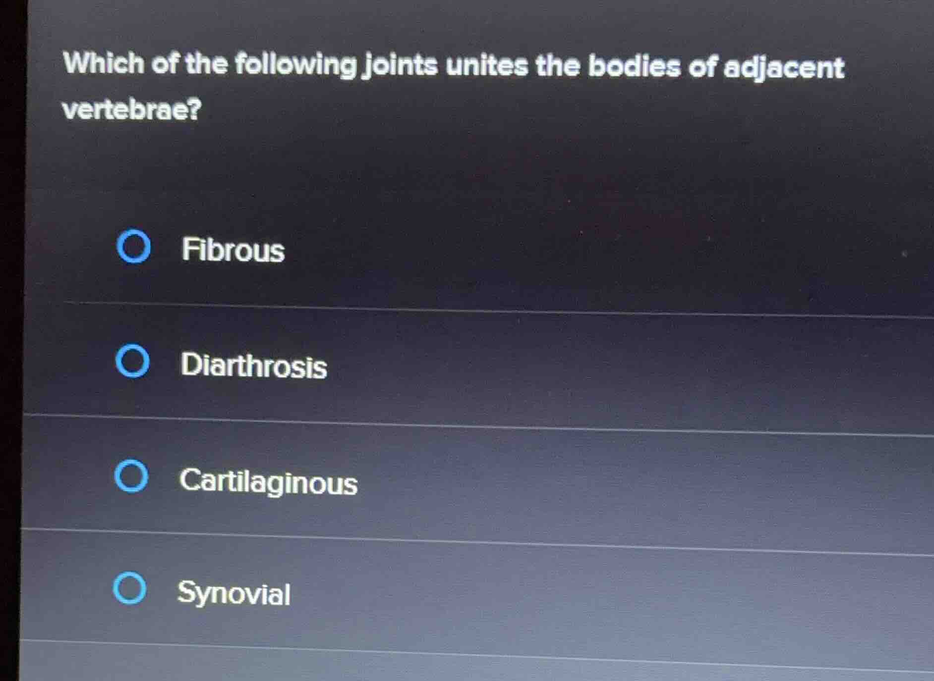 which of the following joints unites the bodies of adjacent vertebrae? …