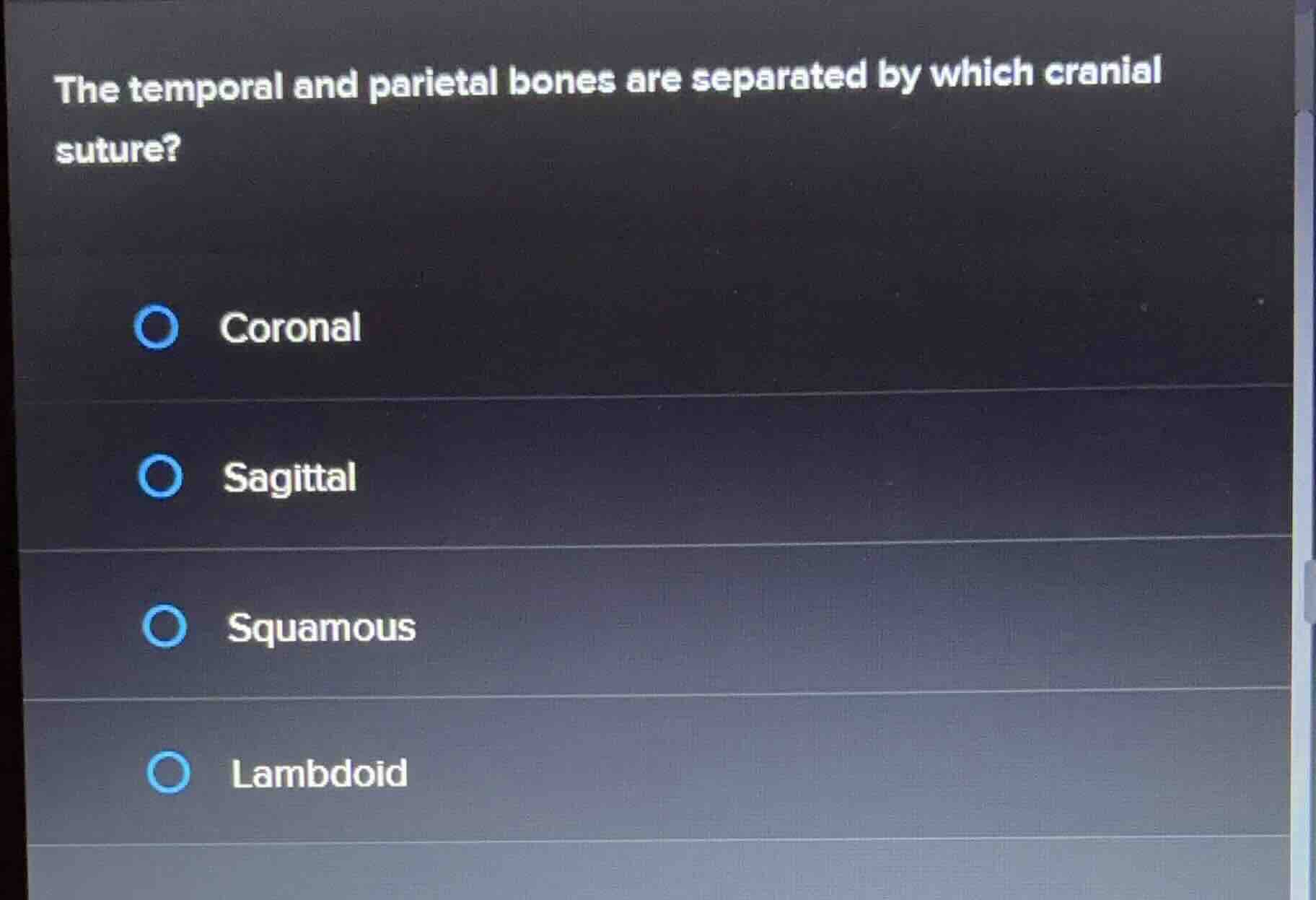 the temporal and parietal bones are separated by which cranial suture? …