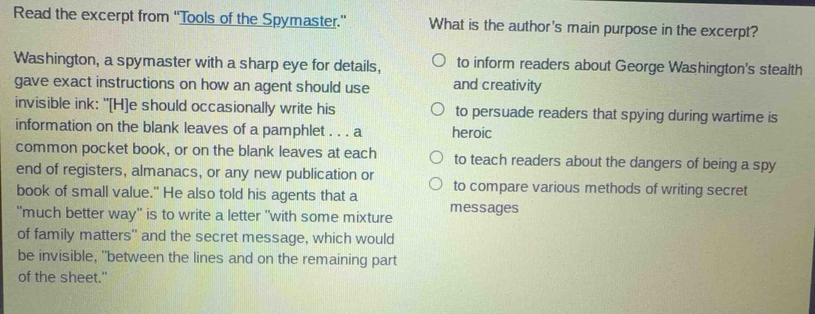 read the excerpt from \tools of the spymaster.\ washington, a spymaster…