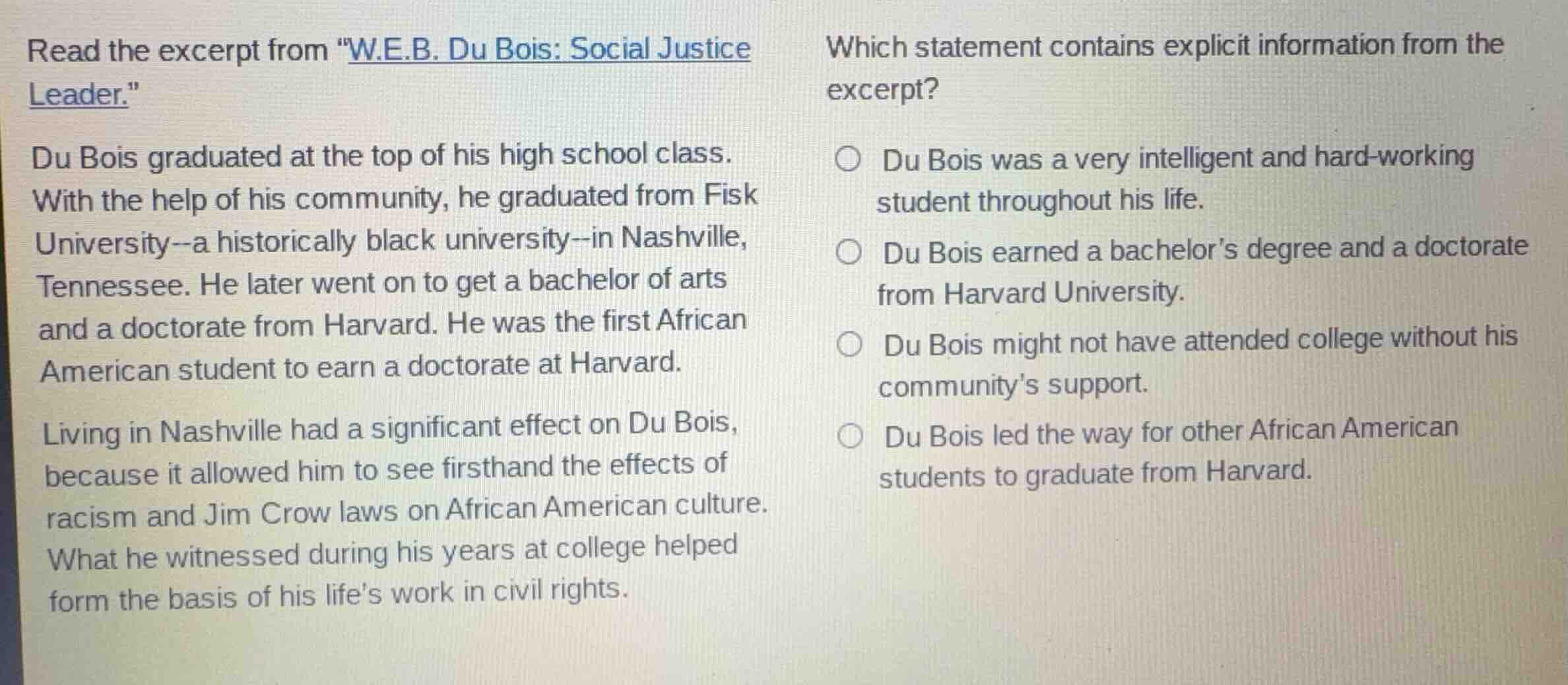 read the excerpt from \w.e.b. du bois: social justice leader.\ du bois …