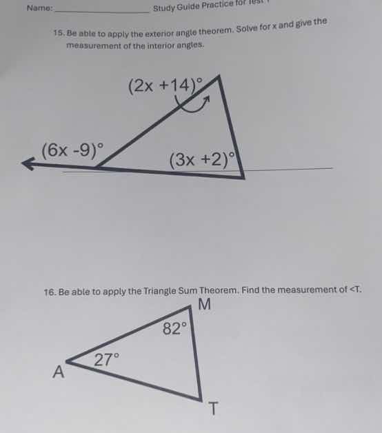 15. be able to apply the exterior angle theorem. solve for x and give t…