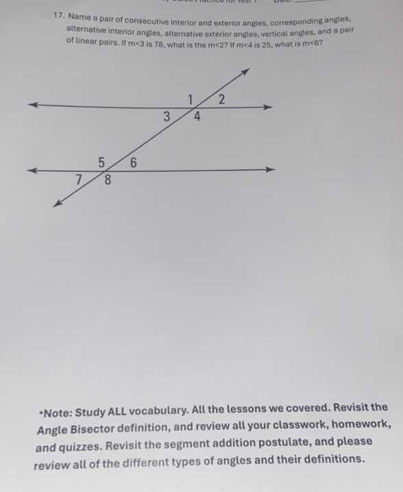 17. name a pair of consecutive interior and exterior angles, correspond…