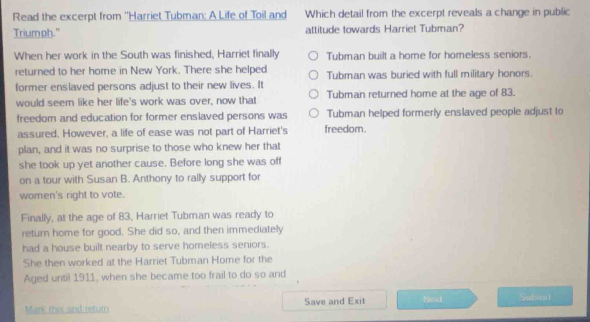 read the excerpt from \harriet tubman: a life of toil and triumph.\ whe…