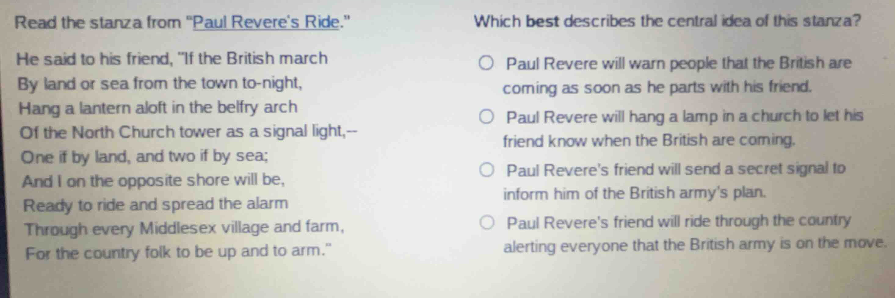 read the stanza from \paul reveres ride.\ he said to his friend, \if th…