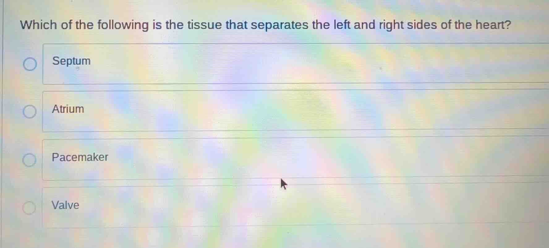 which of the following is the tissue that separates the left and right …