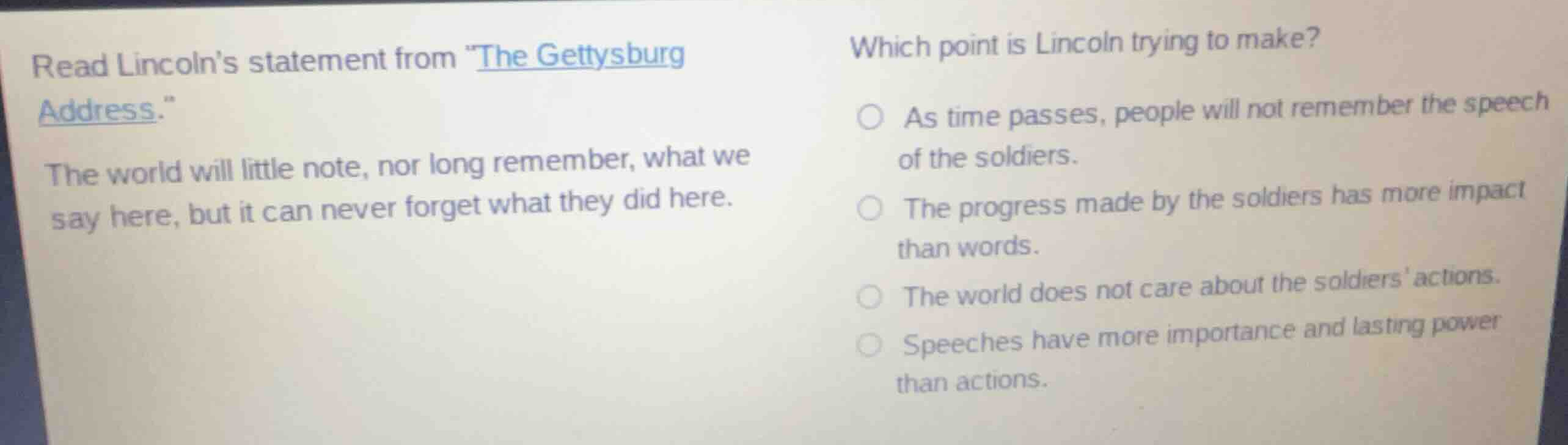 read lincolns statement from \the gettysburg address.\ the world will l…