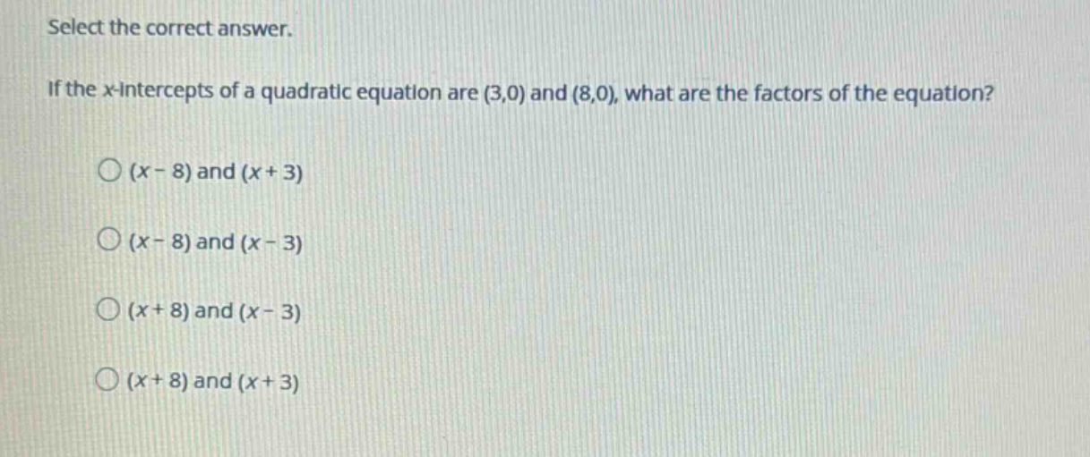 select the correct answer. if the (x)-intercepts of a quadratic equatio…