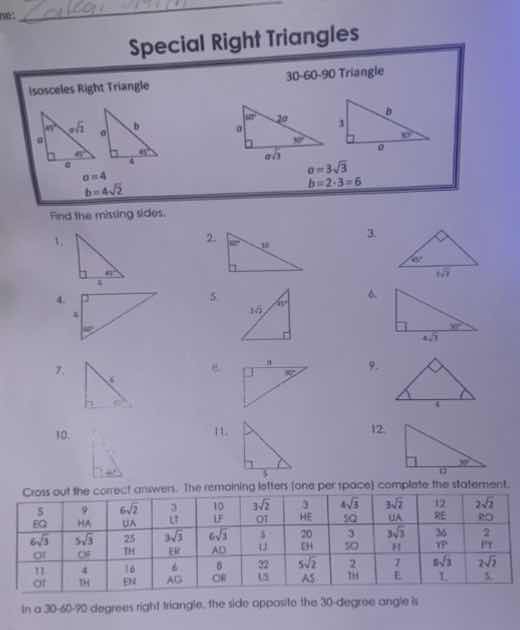 special right triangles isosceles right triangle 30-60-90 triangle find…