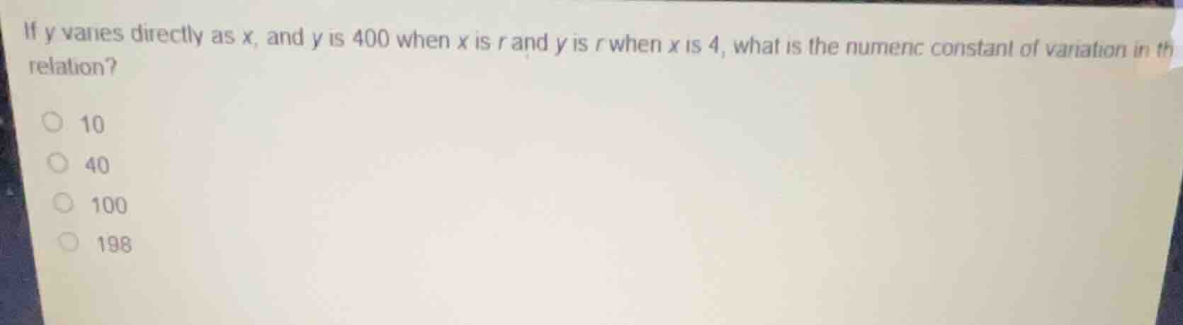 if \\(y\\) varies directly as \\(x\\), and \\(y\\) is 400 when \\(x\\) …