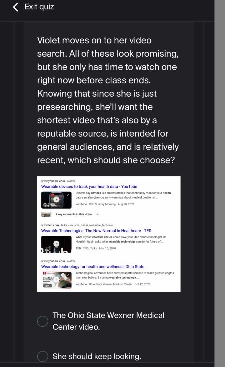 violet moves on to her video search. all of these look promising, but s…