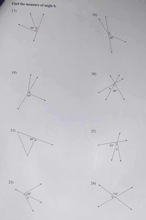 find the measure of angle b. 17) 18) 19) 20) 21) 22) 23) 24)