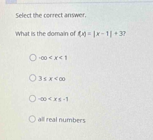 select the correct answer. what is the domain of (f(x) = |x - 1| + 3)? …