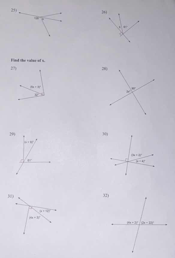 find the value of x. 27) 28) 29) 30) 31) 32)