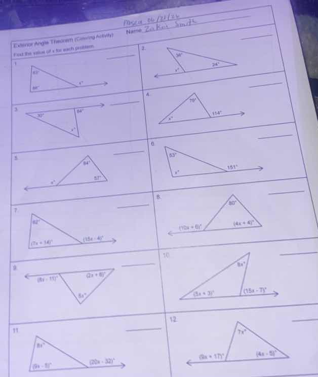 exterior angle theorem (coloring activity) find the value of x for each…