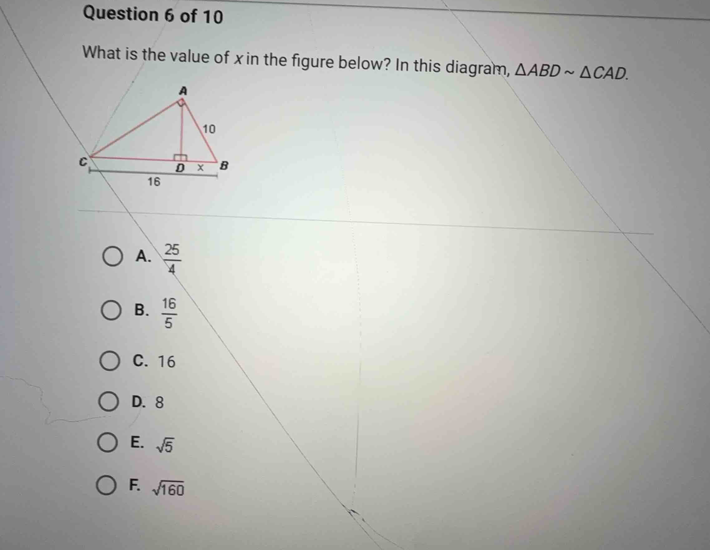 question 6 of 10 what is the value of \\(x\\) in the figure below? in t…