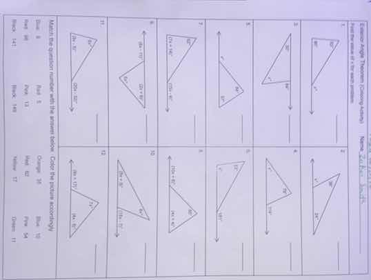 exterior angle theorem (coloring activity) find the value of x for each…