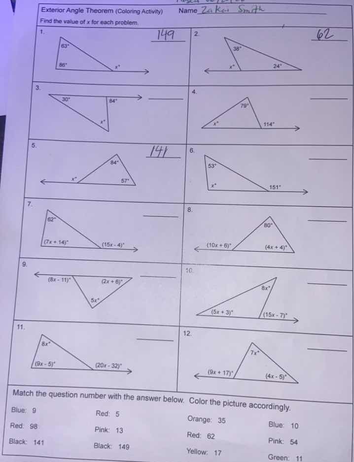 exterior angle theorem (coloring activity) find the value of x for each…
