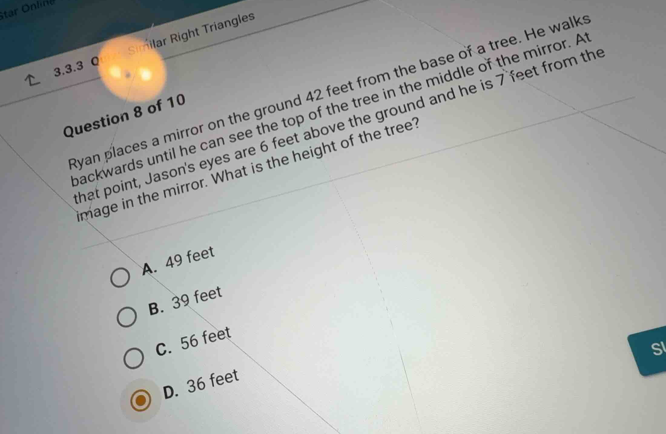 question 8 of 10 ryan places a mirror on the ground 42 feet from the ba…