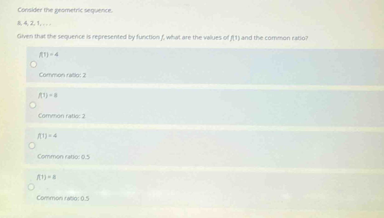 consider the geometric sequence. (8, 4, 2, 1, \\dots) given that the se…
