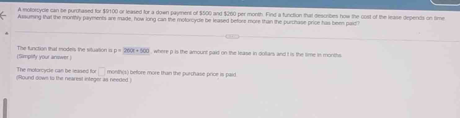 a motorcycle can be purchased for $9100 or leased for a down payment of…