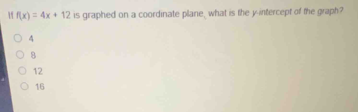 if \\(f(x) = 4x + 12\\) is graphed on a coordinate plane, what is the \…