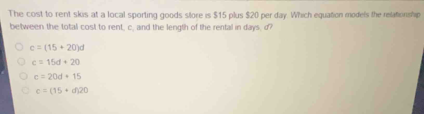 the cost to rent skis at a local sporting goods store is \\$15 plus \\$…