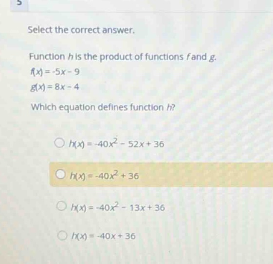 select the correct answer. function (h) is the product of functions (f)…