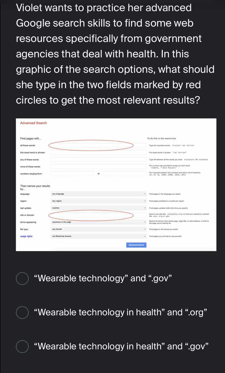 violet wants to practice her advanced google search skills to find some…