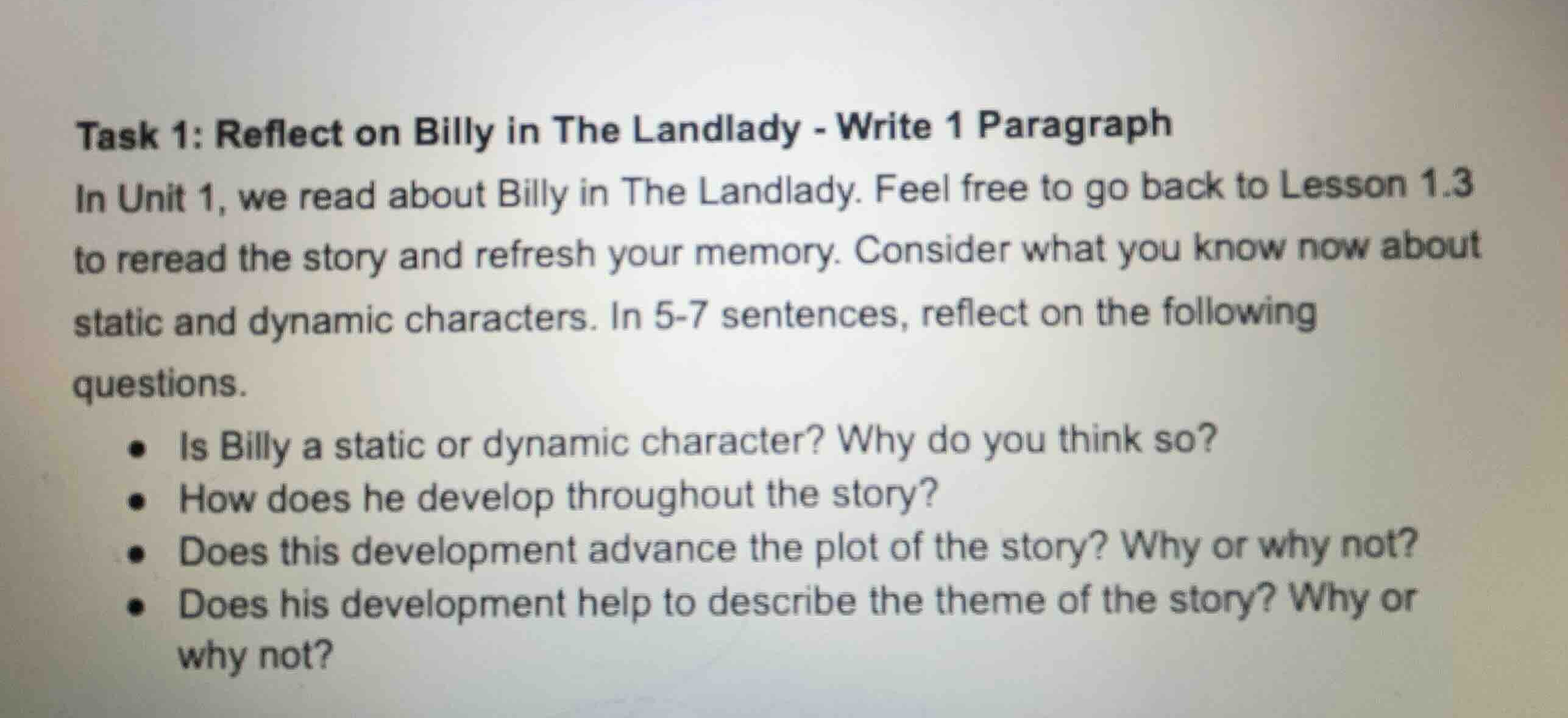 task 1: reflect on billy in the landlady - write 1 paragraph in unit 1,…