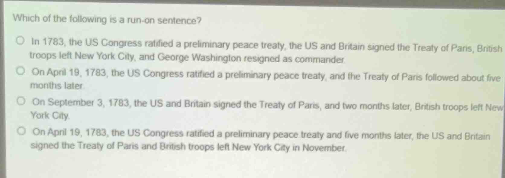 which of the following is a run-on sentence? in 1783, the us congress r…