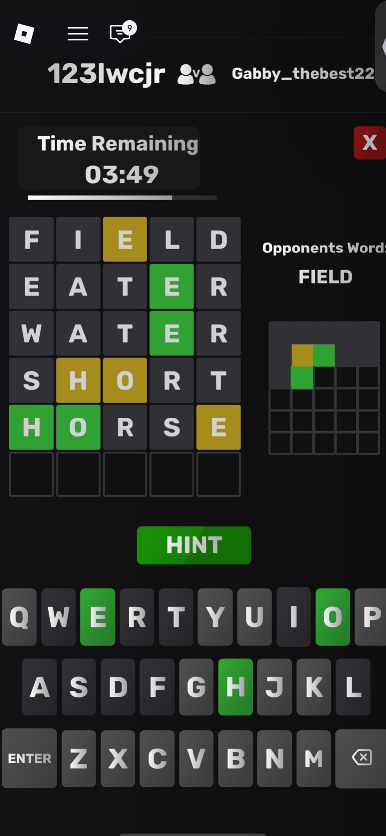 time remaining 03:49 opponents word: field f i e l d e a t e r w a t e …